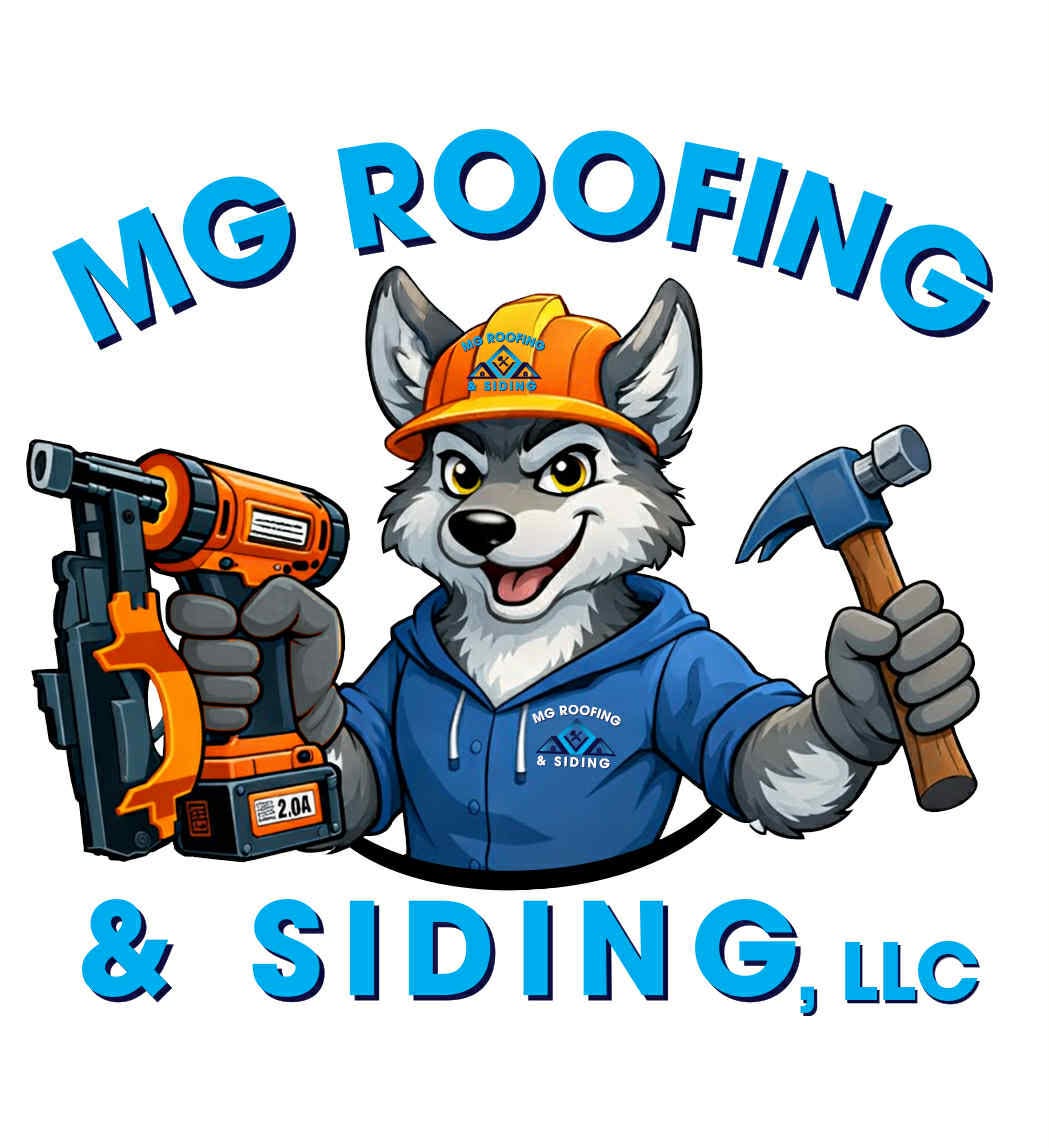 MG Roofing and Siding wolf mascot logo